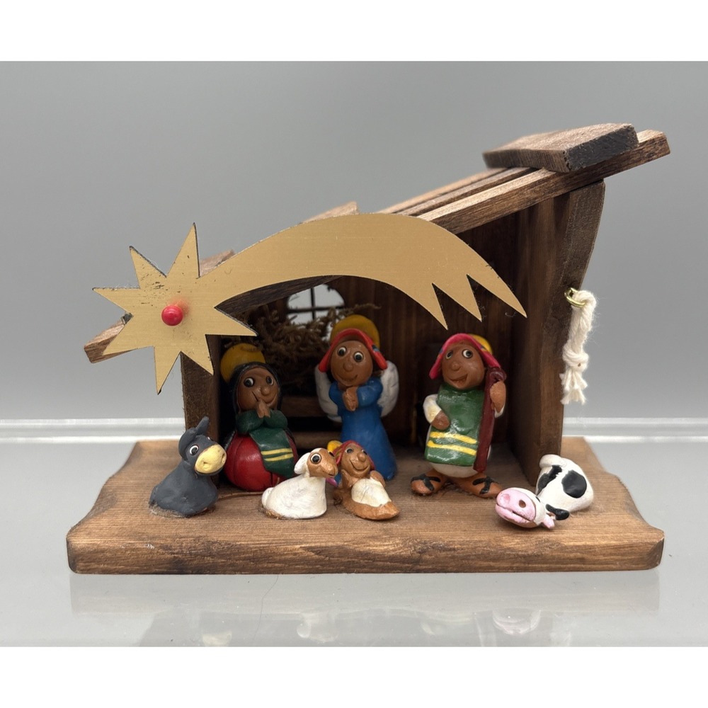 Vintage Nativity Set In Manger 3D Diorama Wood Hand Crafted by Franciscan‎ Monks